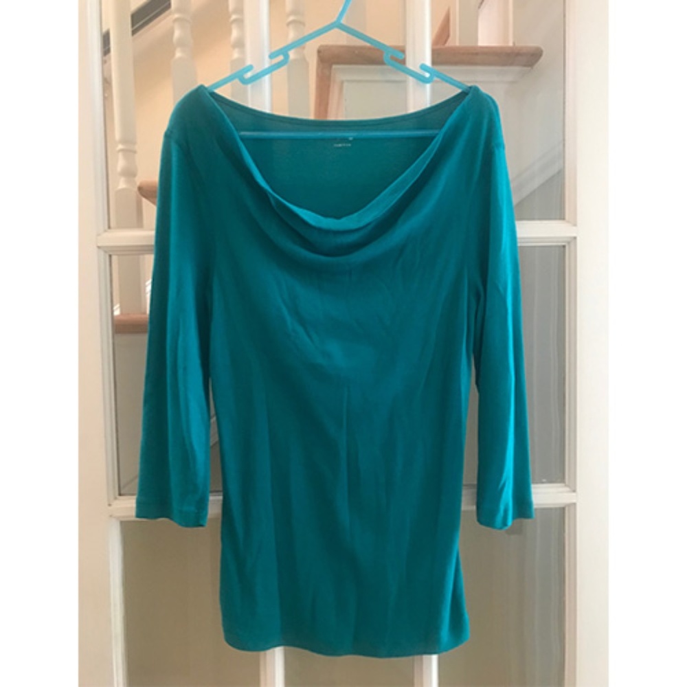 Teal Three Dots cowl neck, 3/4 sleeve top